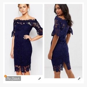 Paper Dolls Lace Bardot Dress Navy